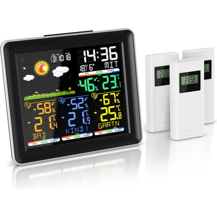 Bearware Funk Wetterstation FW-3, Farbdisplay mit 3 Wireless Aussensensoren, DCF Funkuhr, Alarmfunktion, Schwarz/Silber