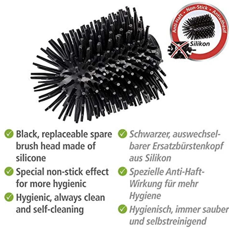 WENKO Ersatzbürstenkopf für WC-Garnituren, hochwertiger, schwarzer Bürstenkopf aus Silikon, selbstreinigender WC-Bürstenaufsatz mit spezieller Anti-Haft-Wirkung, Maße (B/T x H): Ø 7,5 x 9,3 cm – Bild 2