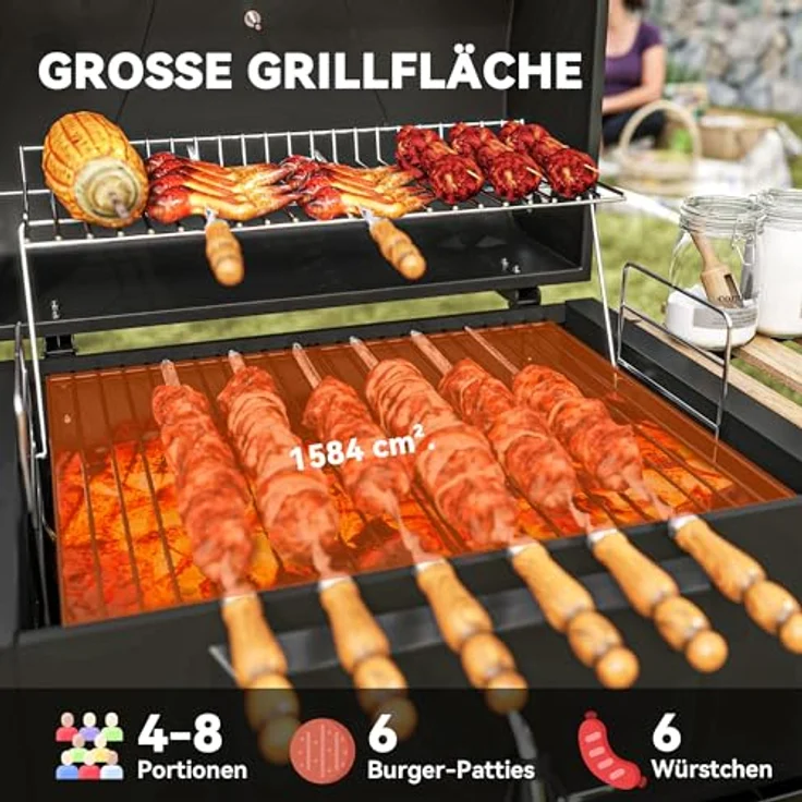 Outsunny Holzkohlegrill fahrbar mit Deckel Thermometer Grillrost Räder verstellbar Kohlewanne, BBQ Smoker für Camping Garten 112x58x107cm – Bild 3