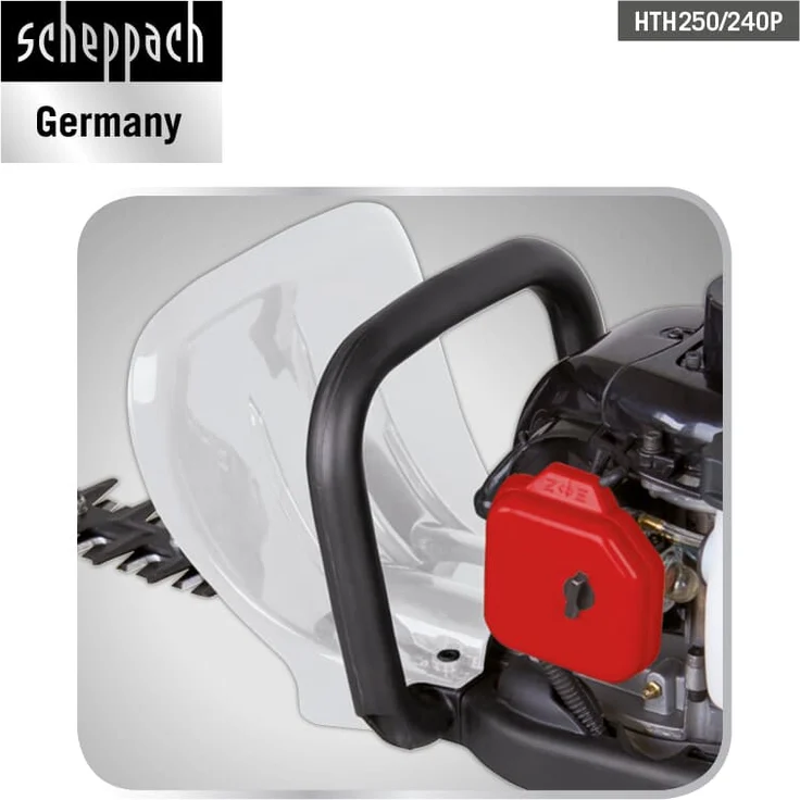 Scheppach Benzin-Heckenschere HTH250/240P 1,0 PS, Schnittlänge: 600 mm, Schnitt- Ø: 27 mm, 180° drehbarer Handgriff mit Vibrationsschutz, Schnellstop-Bremsfunktion – Bild 9