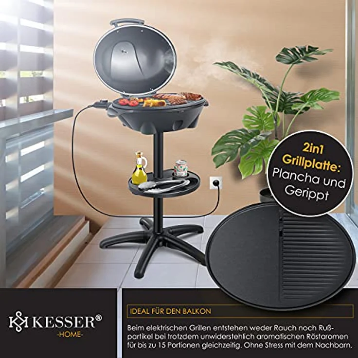 KESSER elektrischer Elektrogrill 2in1 Tischgrill - Standgrill mit Deckel Standfuß max. 2400 Watt Thermometer Antihaftbeschichtung XXL Grillplatte integrierte Ablagefläche Elektro-Säulengrill Schwarz – Bild 9