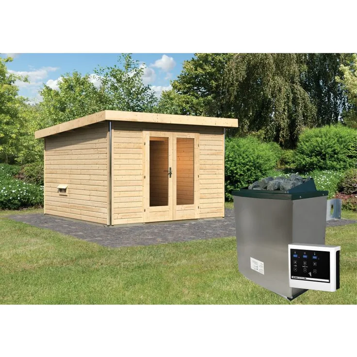 Karibu Saunahaus Mainburg 1 Set A naturbelassen mit Ofen 9 kW externe Steuerung