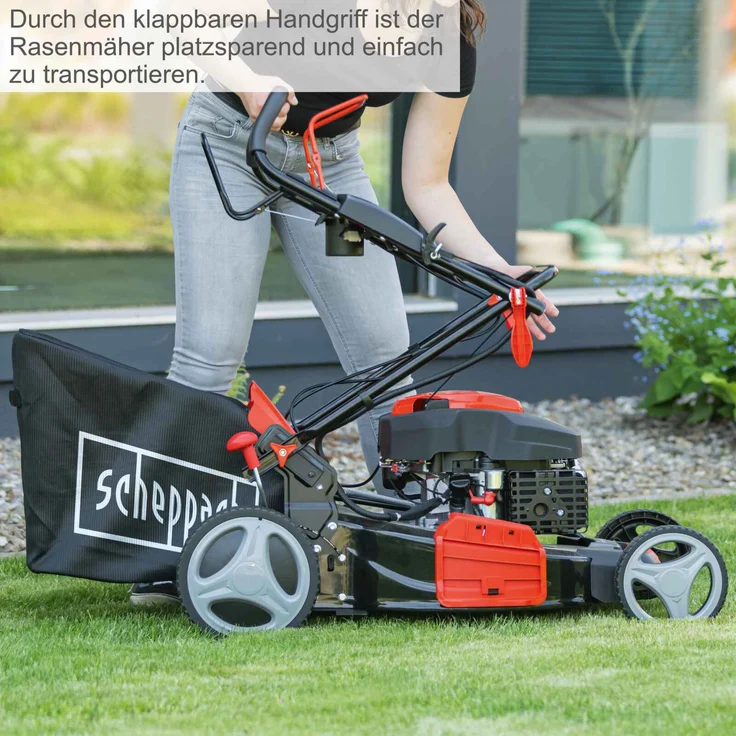 Scheppach MS150-46E Benzin Rasenmäher mit E-Start | 46cm Schnittbreite | Reinigungsfunktion | 55 Liter Fangkorb | Stahlgehäuse | 7-stufige Höhenverstellung | Mulchfunktion | Radantrieb | Seitenauswurf – Bild 6