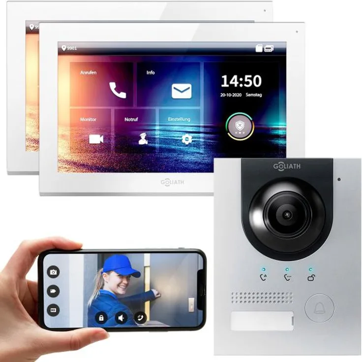 GOLIATH IP Video Türsprechanlage Unterputz Set für 1 Familienhaus Silber 2x 10 Monitor Weiß