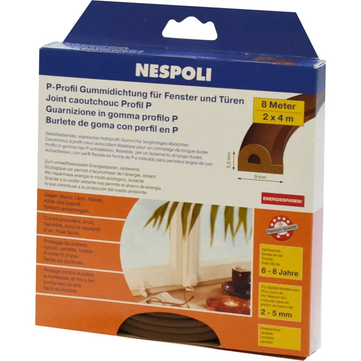 Nespoli Fenster- und Türdichtung mit P-Profil je 4 m, 9 x 5,5 mm, braun, 2 Stück