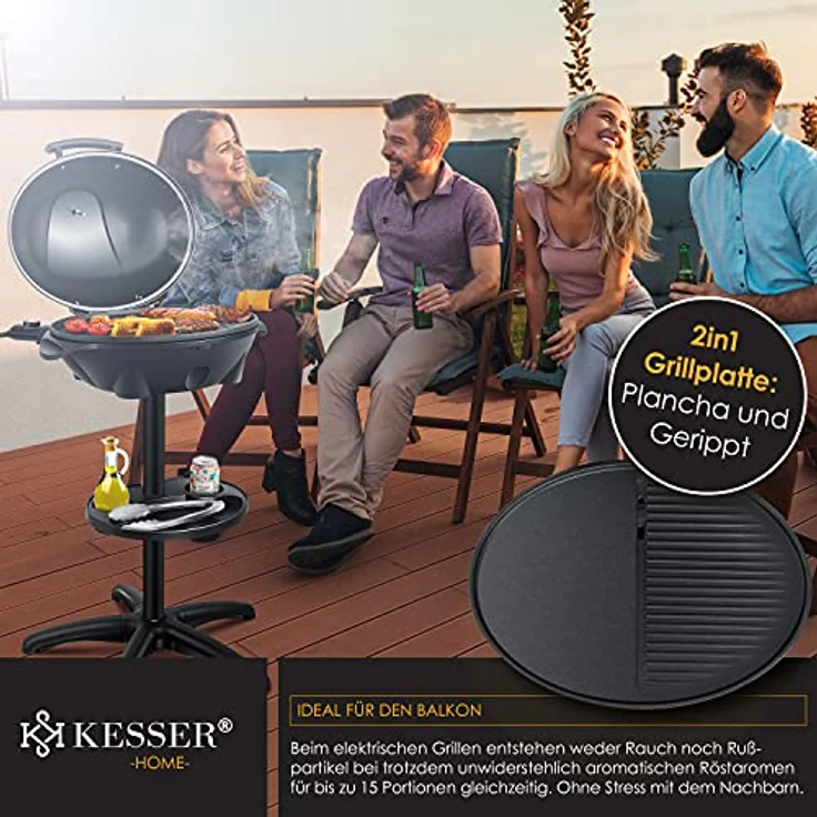 KESSER elektrischer Elektrogrill 2in1 Tischgrill - Standgrill mit Deckel Standfuß max. 2400 Watt Thermometer Antihaftbeschichtung XXL Grillplatte integrierte Ablagefläche Elektro-Säulengrill Schwarz – Bild 5
