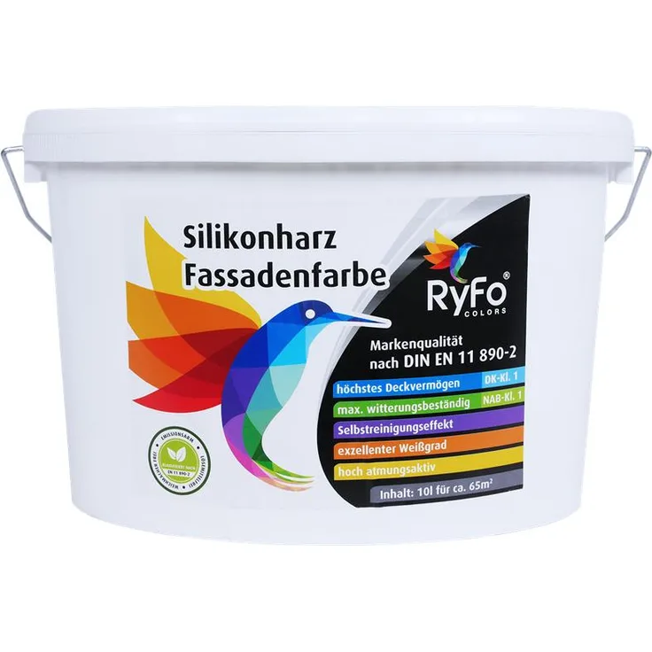 RyFo Colors Silikonharz Fassadenfarbe 10l - hochwertige Silikonharzfassadenfarbe, weiß, Außen-Farbe-Dispersion, wasserabweisend, Abperleffekt, Wetterschutz, hohe Deckkraft, lösemittelfrei