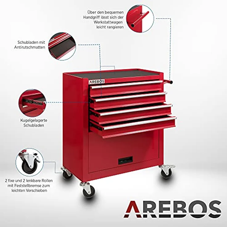 Werkstattwagen Werkzeugwagen Rollwagen Toolbox 4 Schubladen kugelgelagert - Rot - Arebos – Bild 4