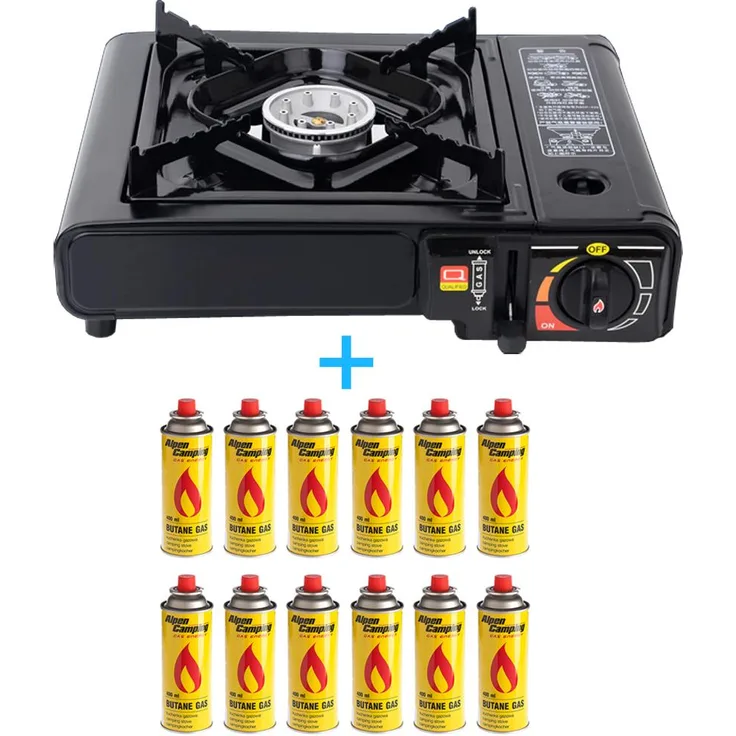 Campingkocher + 12x Gaskartuschen 227g Transportkoffer Camping Gaskocher mit Piezozündung Schwarz Butangas-Butan Gas Kartusche 227g-Piezozündung-Herd-Kochfeld