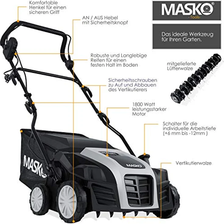MASKO - Elektro 2in1 Vertikutierer Rasenlüfter 1800 Watt 40cm Arbeitsbreite 55L Fangkorb inkl. Lüfterwalze Lüfter Moosentferner, 5-stufige Arbeitstiefe einstellbar , höhenverstellbarer Holm Schwarz – Bild 2