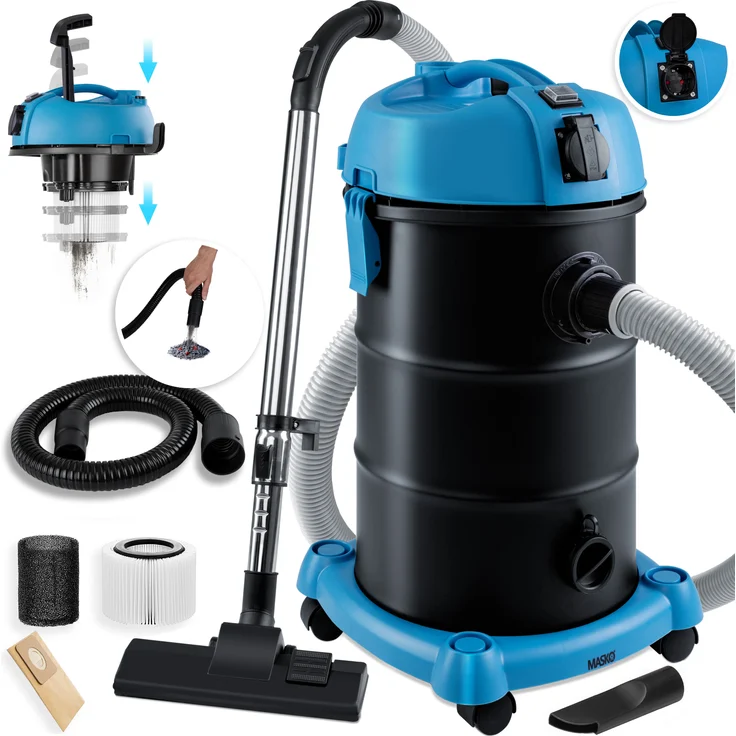 MASKO 6IN1 Industriestaubsauger Staubsauger Nass Trocken Sauger Aschesauger 2300W + Steckdose   Blasfunktion   Trocken-Saugen & Nass-Saugen   Industrie-Sauger mit & ohne Beutel   beutellos Blau