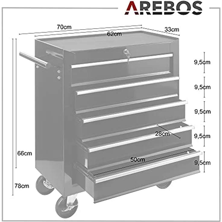 Werkstattwagen Werkzeugwagen Rollwagen Toolbox 5 Schubladen kugelgelagert - Schwarz - Arebos – Bild 5