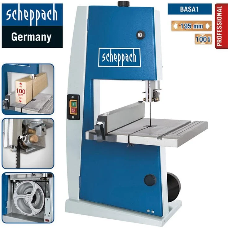 Scheppach Bandsäge BASA1 (300 Watt, max. Schnitthöhe: 100mm, Durchlassbreite: 195mm, bis zu 45° schwenkbarer Arbeitstisch, Bandrad-Ø: 200mm, Schnittgeschwindigkeit: 880m/min) – Bild 1
