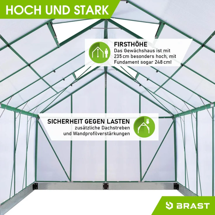 BRAST Gewächshaus Aluminium 490x250x235cm Grün mit Fundament rostfrei TÜV geprüft Alu Treibhaus Glashaus Tomatenhaus – Bild 6