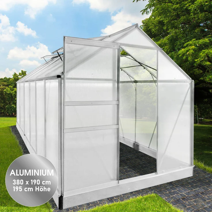 BRAST Gewächshaus Aluminium 380x190x195cm Silber mit Fundament rostfrei TÜV geprüft Alu Treibhaus Glashaus Tomatenhaus – Bild 2