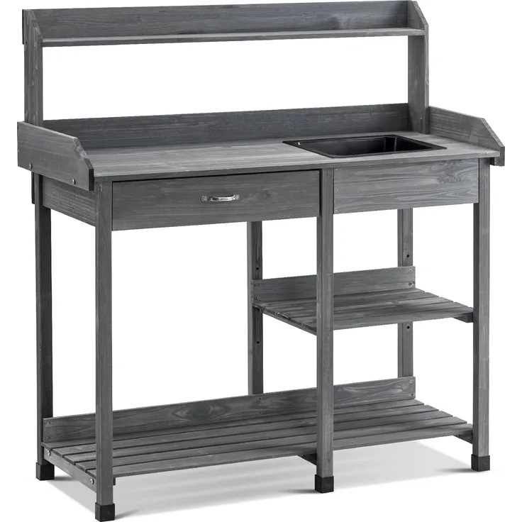 MCombo Pflanztisch Gärtnertisch Blumentisch 0458EY, mit Waschbecken Schublade und Ablagefläche Wetterfest Holz, anthrazit, 115 x 45 x 121 cm