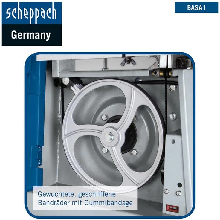 Scheppach Bandsäge BASA1 (300 Watt, max. Schnitthöhe: 100mm, Durchlassbreite: 195mm, bis zu 45° schwenkbarer Arbeitstisch, Bandrad-Ø: 200mm, Schnittgeschwindigkeit: 880m/min) – Bild 8