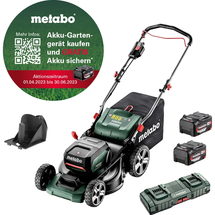 Metabo Akku Rasenmäher RM 36-18 LTX BL 46 (2x 18 Volt Li-Ion für große Flächen bis 800 m², Mulchfunktion, Schnittbreite: 46 cm, bürstenloser Motor) inkl. 2x 5,2 Ah Li-Ion Akku und Ladegerät ASC 145 Duo – Bild 1