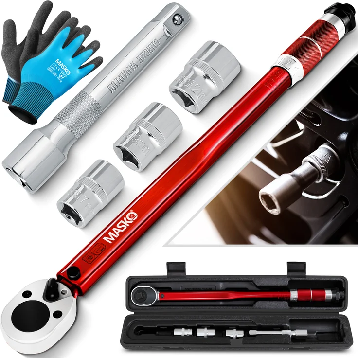 MASKO Drehmomentschlüssel 6tlg. Set 40-210Nm 1-2 ' CV inkl. 3 Stecknüssen 17mm, 19mm, 21mm und Verlängerung 125mm inkl. Koffer +- 4% Toleranz Reifenschlüssel Auto Drehmoment-Schlüssel Rot – Bild 1