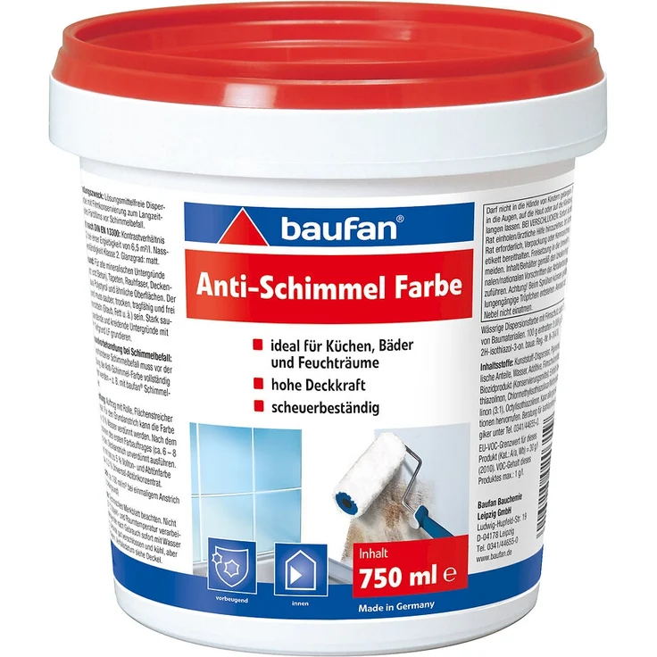 Baufan Anti-Schimmelfarbe 750 ml für Küchen, Bäder, Feuchträume mit Filmkonservierung zum Langzeitschutz des Farbfilms vor Schimmelbefall für innen – Bild 1