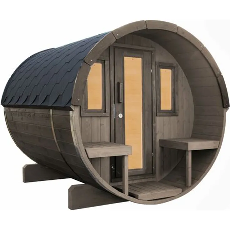 Wolff Finnhaus Saunafass Basic 250 montiert DS schwarz Anstrich Hellgrau 205x250 cm