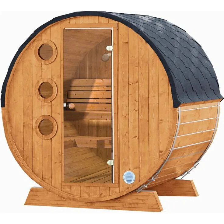 Wolff Finnhaus Saunafass Mini 160 montiert DS schwarz Anstrich Kiefer 205x160 cm
