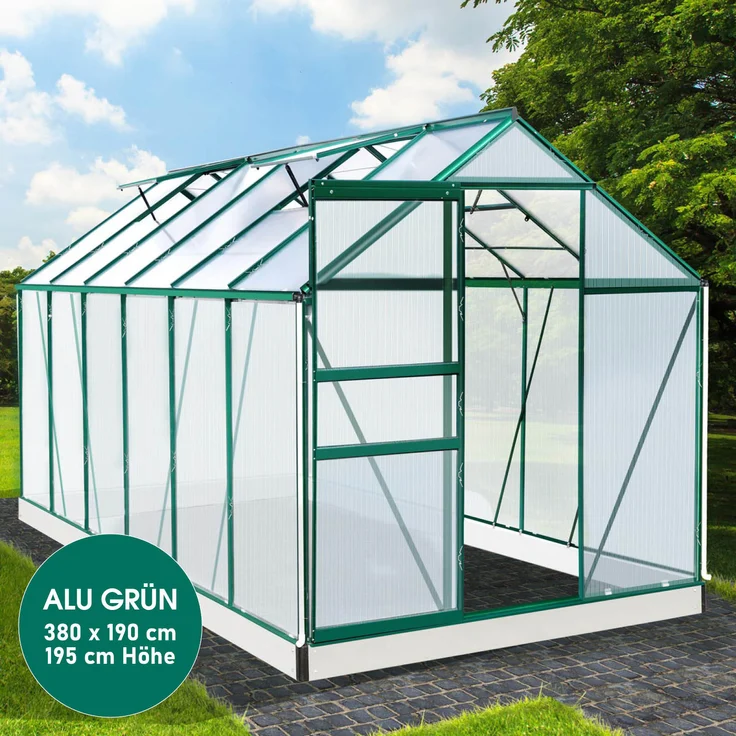BRAST Gewächshaus Aluminium 380x190x195cm Grün mit Fundament rostfrei TÜV geprüft Alu Treibhaus Glashaus Tomatenhaus – Bild 3