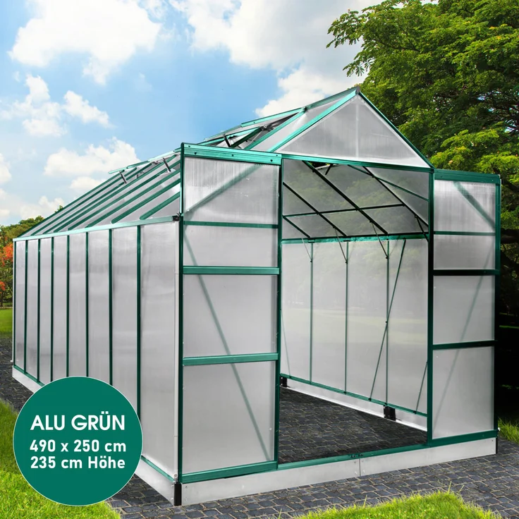 BRAST Gewächshaus Aluminium 490x250x235cm Grün mit Fundament rostfrei TÜV geprüft Alu Treibhaus Glashaus Tomatenhaus – Bild 2