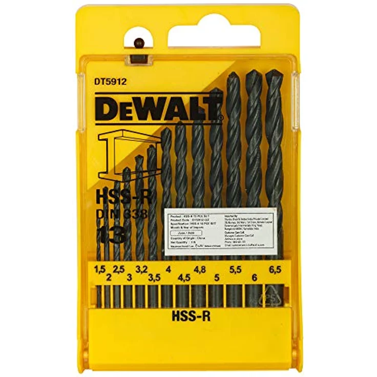 DeWALT DT5912-QZ Bohrer Bohrerbit-Set Drehung der rechten Hand Legierter Stahl Metall Unlegierter Stahl Stahl Gewalzter Schnellarbeitsstahl (HSS-R) 1.5 - 6.5 mm – Bild 1