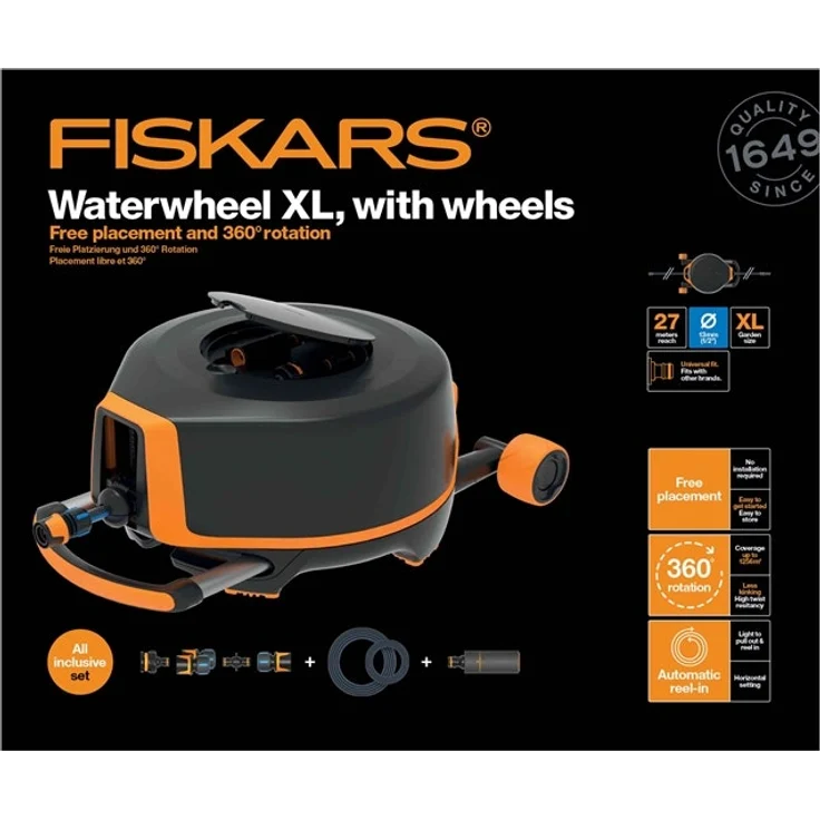 Fiskars Waterwheel XL mit Rädern (1025933) 20 m Schlauch Zubehörfach mit Zubehör freite Platzierung 360° Drehung automatischer Aufrollschlauch Schlauchwagen – Bild 6