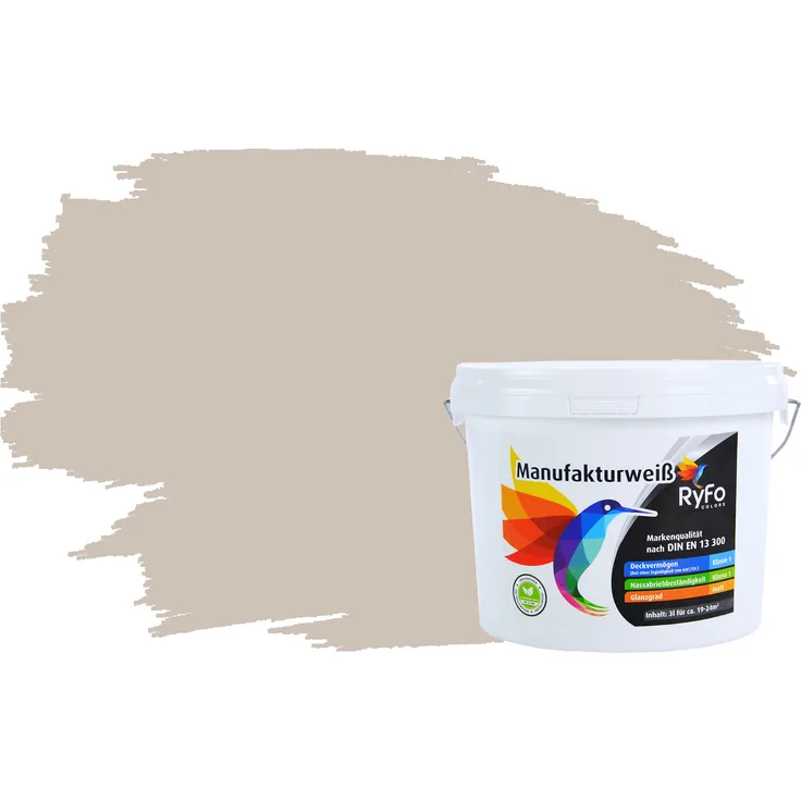 RyFo Colors Bunte Wandfarbe Manufakturweiß Kaschmirgrau 3l - weitere Grau Farbtöne und Größen erhältlich, Deckkraft Klasse 1, Nassabrieb Klasse 1