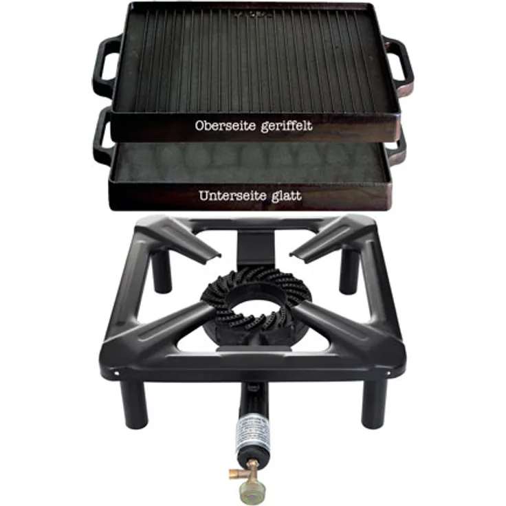 Hockerkocher-Set (klein) mit Gusseisengrillplatte 32 x 32 cm - ohne Zündsicherung