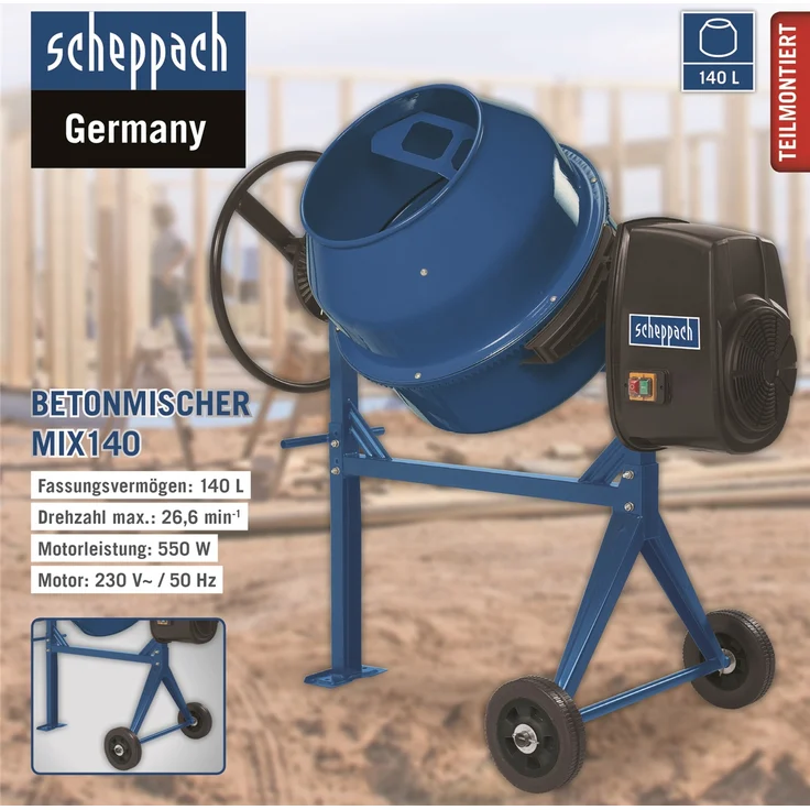 Scheppach MIX140 Betonmischer Netzbetrieb 550 Watt Trommelvolumen 140 Liter – Bild 5