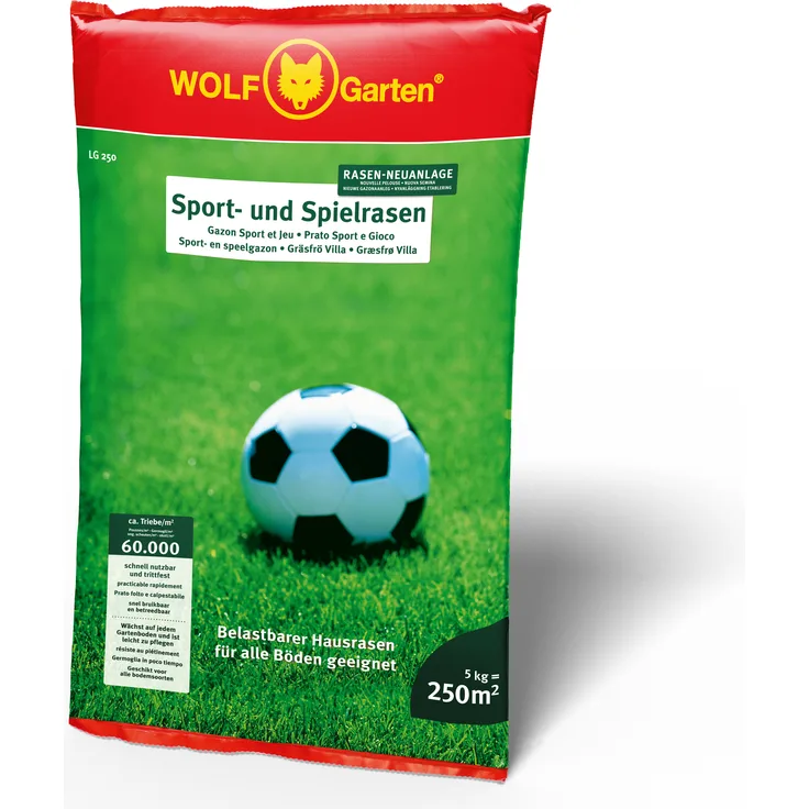 WOLF-Garten Sport- und Spiel-Rasen 5 kg für 250m² LG250 Rasensamen 60.000 Triebe/m² Strapazierfähig
