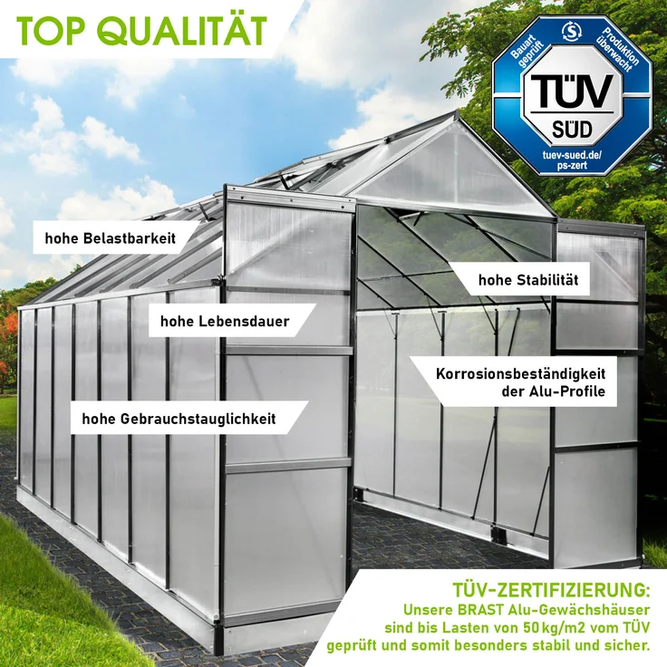 BRAST Gewächshaus Aluminium 430x250x235cm Grau mit Fundament rostfrei TÜV geprüft Alu Treibhaus Glashaus Tomatenhaus – Bild 4