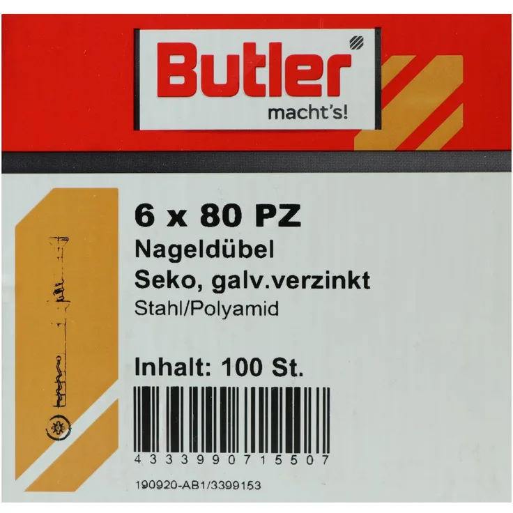 Butler macht',s! Nageldübel, Stahl - Polyamid, Senkkopf, galvanisch verzinkt 6 x 80 mm, 100 Stück