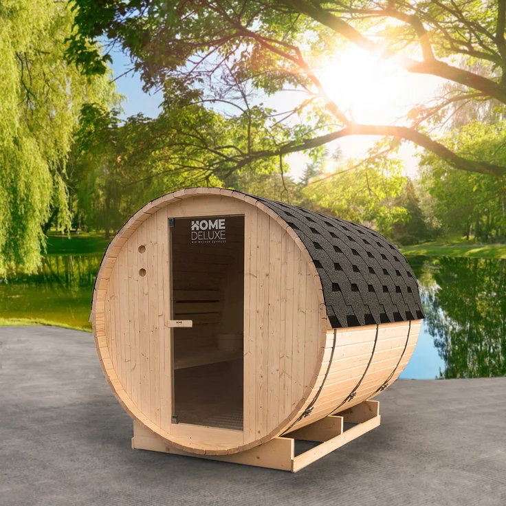 HOME DELUXE - Outdoor Fasssauna LAHTI XL - Maße: BxTxH: ca. 195 cm x 192 cm x 220 cm, Holz: Fichtenholz - inkl. Elektroofen und kompl. Saunazubehör I Gartensauna, Außensauna, Sauna für 6 Personen – Bild 1