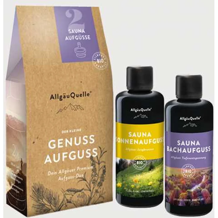Saunaaufguss-Set AllgäuQuelle mit 100% BIO Sauna Aufgussmittel 2x100ml | Zwei Saunaaufgüsse enthalten | Das Sauna Zubehör | Sauna aufguss in 2 Düften | Bio-Saunaöl-Set | Erlebe das Bio-Saunaduft Set – Bild 1
