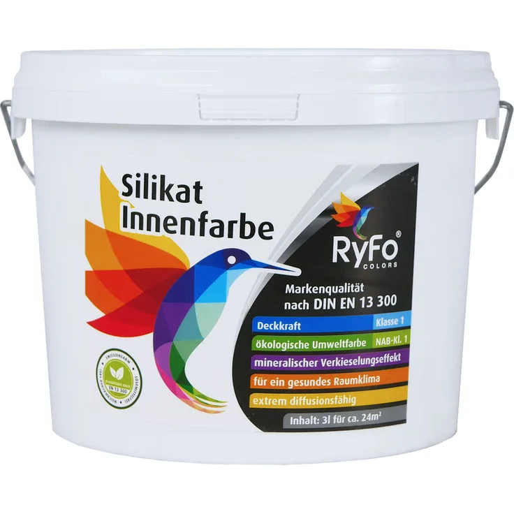 RyFo Colors Silikat Innenfarbe 3l - Mineral-Farbe, Silikatfarbe, Wandfarbe, weiß, Allergiker-geeignet, zertifiziert Deckkraft Klasse 1, Nassabrieb Klasse 1