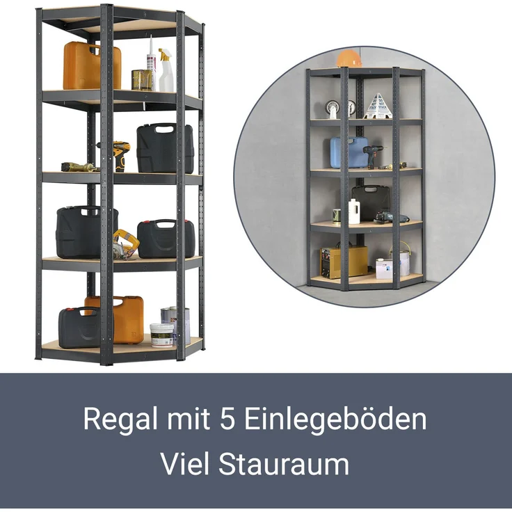 Juskys Eckregal Lageregal Corner Basic 180 x 70 x 40-70 cm | 875 kg | 5 Böden | Metall verzinkt | Schwerlastregal Steckregal Kellerregal Grau – Bild 3