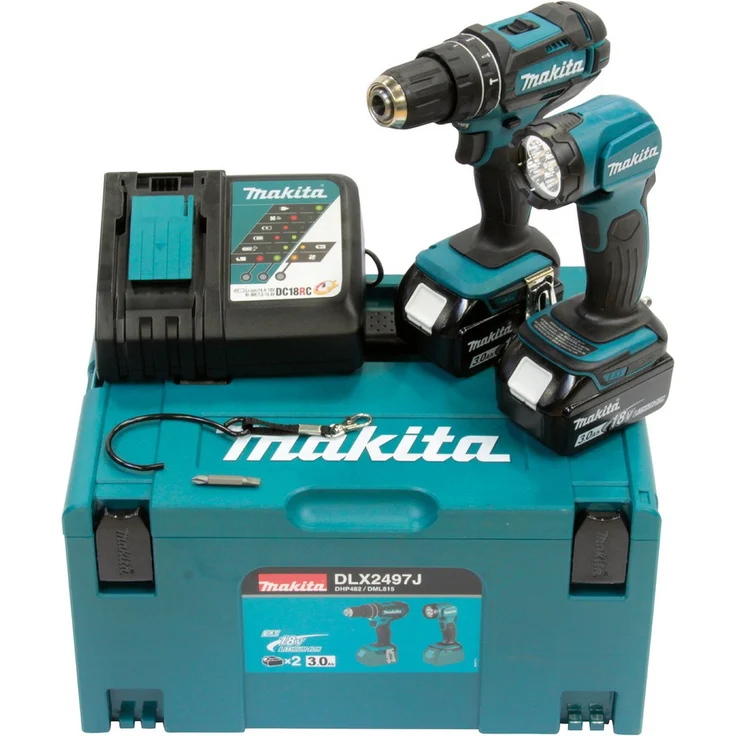 Makita DLX2497J Akku Kombo-Kit 18V Akku-Schlagbohrschrauber DHP482 LED-Akku-Handleuchte DML815 2 x 3 Ah Akku mit Schnellladegerät mit Makpac Gr. 2 – Bild 1