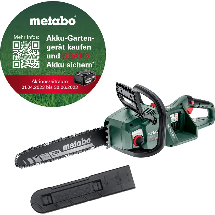 Metabo Akku Kettensäge MS 36-18 LTX BL 40 (2x 18 Volt, Li-Ion, 40 cm Schwert, wartungsfreier bürstenloser Motor, automatische Kettenschmierung) ohne Akku und Ladegerät, im Karton