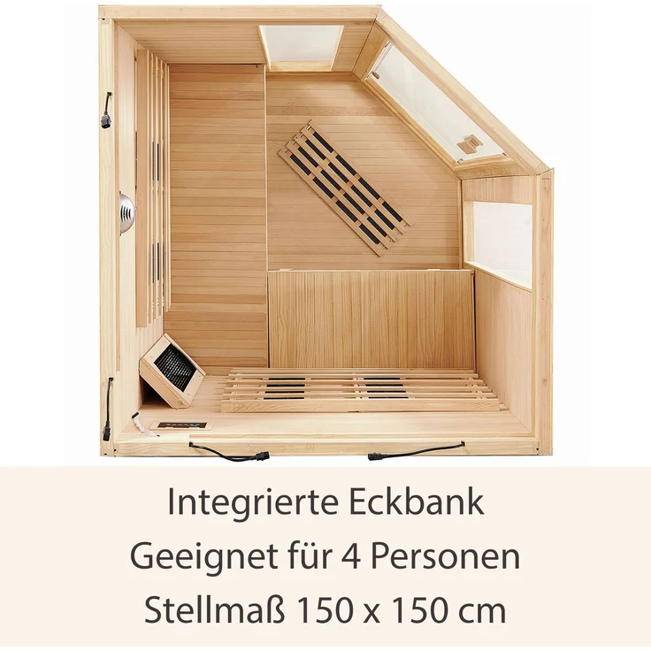 Artsauna Infrarotkabine Nyborg E150K – Infrarotsauna 4 Personen – LED-Farblicht, digitaler Steuerung, 7 Keramikstrahler, 1 Flächenstrahler – Hemlockholz, 150 x 150 x 190 cm – Bild 6