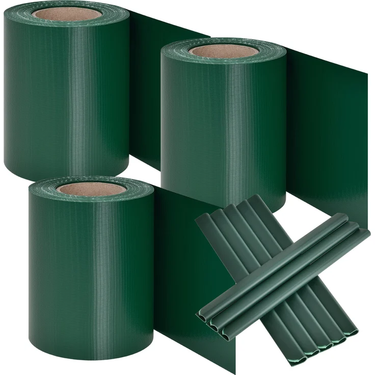 Juskys PVC Sichtschutzstreifen Doppelstabmatten Zaun 3er Set - 3 Rollen á 35m x 19cm - Befestigungsclips - Zaunfolie Sichtschutz Windschutz – grün – Bild 1