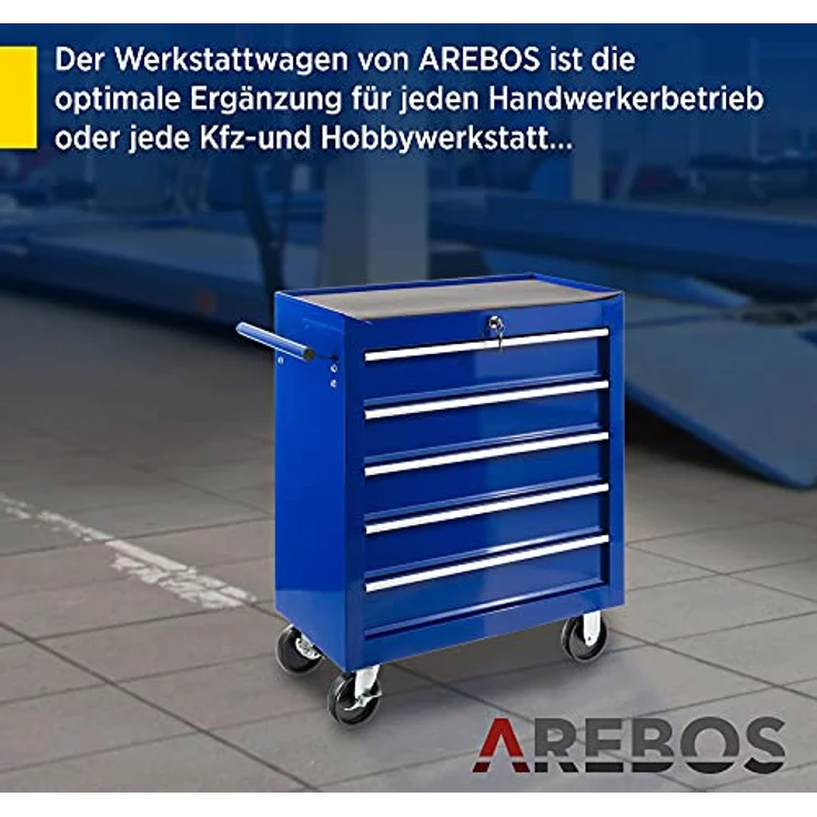 Werkstattwagen Werkzeugwagen Rollwagen Toolbox 5 Schubladen kugelgelagert - Blau - Arebos – Bild 2