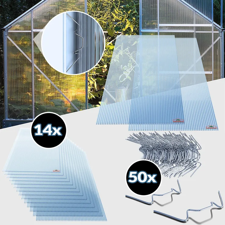 Gardebruk 14x Polycarbonat Hohlkammerstegplatten 50x Edelstahl Gewächshausklammern 4mm 10,25 m² Doppelstegplatte 1210x605 Stegplatte Gewächshausplatte