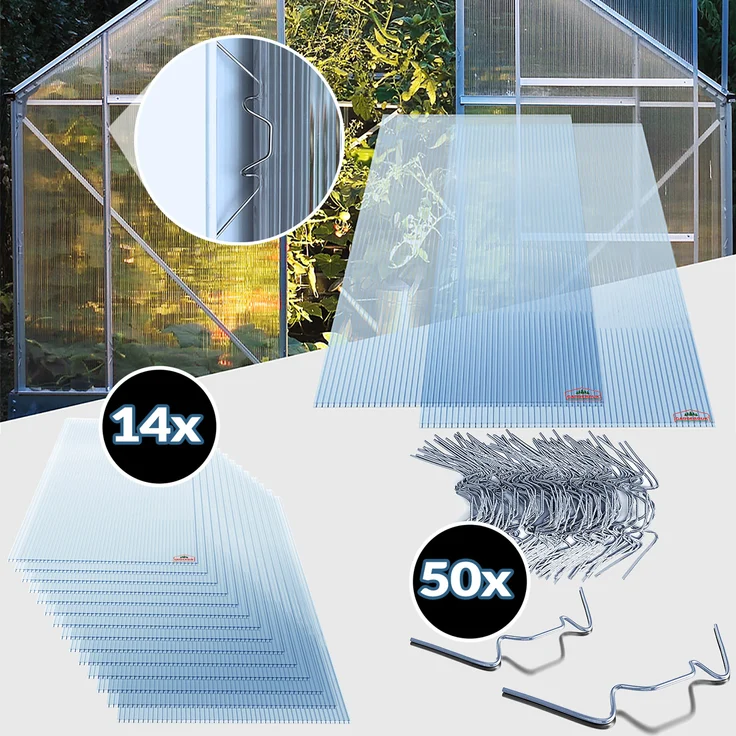 Gardebruk 14x Polycarbonat Hohlkammerstegplatten 50x Edelstahl Gewächshausklammern 4mm 10,25 m² Doppelstegplatte 1210x605 Stegplatte Gewächshausplatte