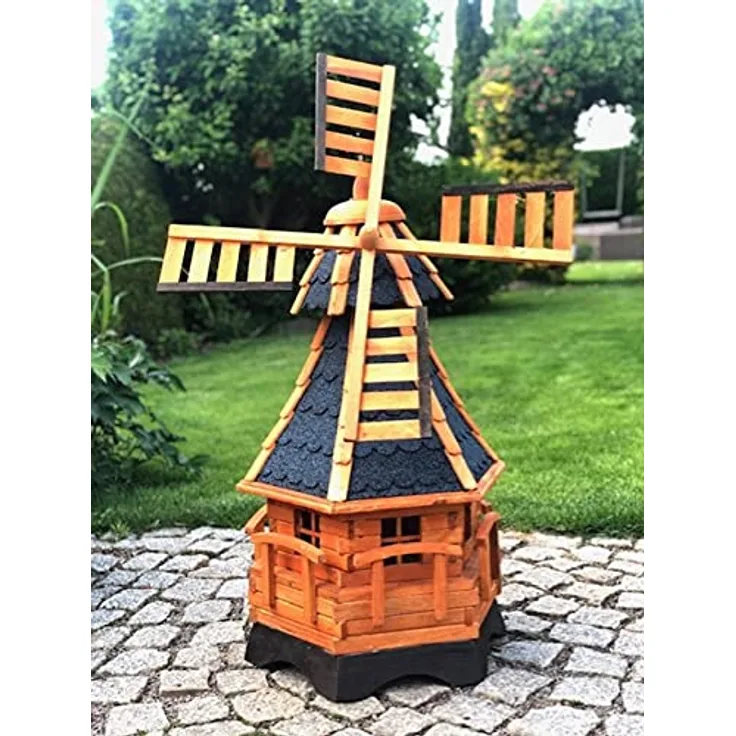 Darlux Sechseck Garten-Windmühle aus Holz kugelgelagert Braun-Blau Höhe 95 cm