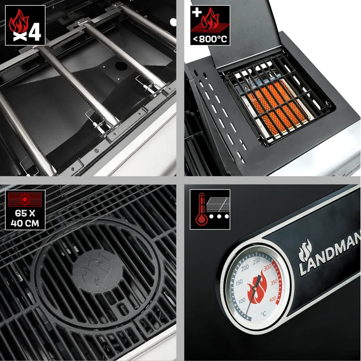 LANDMANN Gasgrill 12968 Triton 4.1 maxX schwarz, 4+1 Brenner, Maße 120 x 142 x 56,5 cm, Edelstahl, 15,5 kW, mit Infrarotbrenner – Bild 6