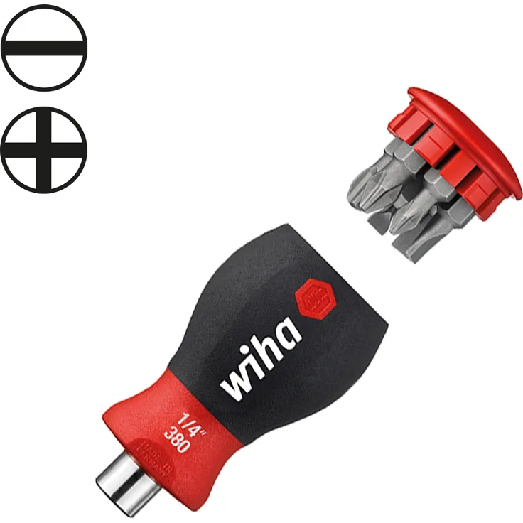 Wiha Schraubendreher mit Bit Magazin magnetisch (33736), 6 tlg., Bit Schraubendreher kurz, Schraubenzieher mit Bits im Griff, Bithalter mini Set, Phillips- Schlitz